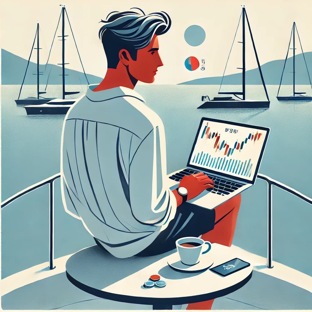 Sophisticated male day trader in a Mediterranean port
