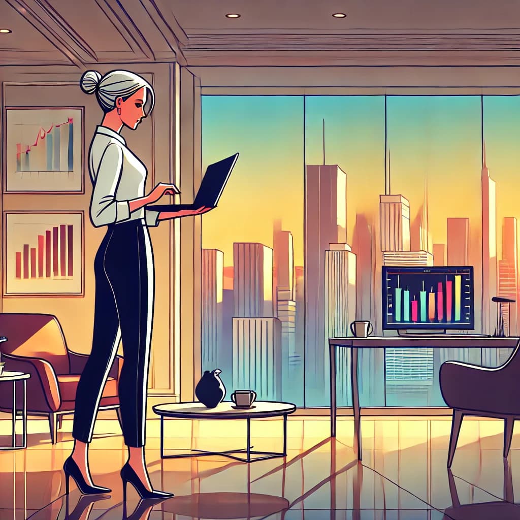 Sophisticated female day trader in a luxurious home office